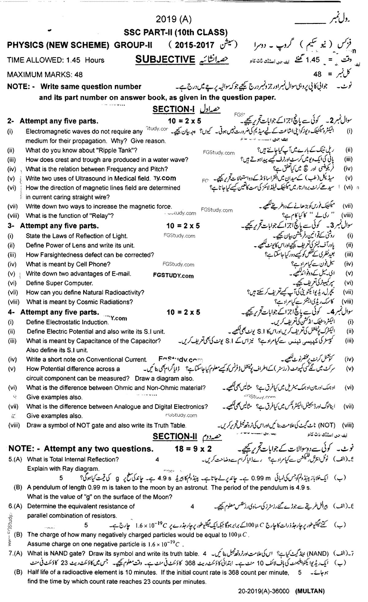 Physics Group 2 Subjective 10th Class Past Papers 2019